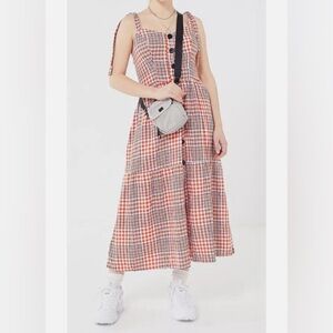 UO‎ Positano Red Plaid Gingham Midi Dress Small Shoulder Ties Linen Button Smock